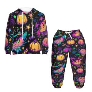 Dívky Chlapci Kočky a dýně Barevné sady mikiny s kapucí Grafické polyesterové sady halloweenských mikin pro děti- HRK4BC 6 1.jpg