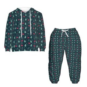 Komplete me kapuçë të rehatshëm poliestër për fëmijë me xhepa dhe pantallona me kapuç për Krishtlindje dhe xhepa të kuq me printime të plota jeshile të errëta- I8P3ZO 6 1 1.jpg