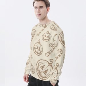 Beige Pumpkin T Shirt Halloween Hoodless Sweatshirt Casual and Comfy Polyester T Shirt Lightweight Hoodie Oversized Crew Neck T Shirt for Men and Women- MLTULQ 6 4