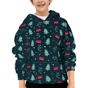 Մանկական ամբողջական տպագրությամբ տոնածառ և կարմիր գրպաններ գլխարկով շապիկ Fleece Սուրբ Ծննդյան տաք շապիկով պոլիեսթեր պուլովեր գլխարկներ մուգ կանաչ- NFSBLM 6 1.jpg