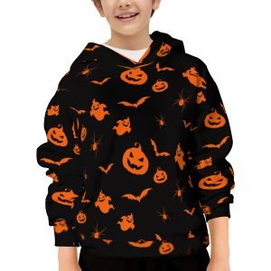 Kids Bats and Pumpkin Hoodie Orange and Black Halloween Hoodie Polyester Casual and Comfy Hooded Sweatshirt for Teenagers- PK9SGY 6 1