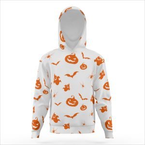 Hoodie Kelawar Bercetak Keseluruhan Oren dan Putih Kanak-kanak dan Hoodie Labu Halloween Hoodie Baju Bertudung Poliester- RQNMD7 6 3