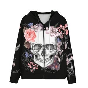 Flowers and Skull Hoodie Streetwear Zip Up Hooded Sweatshirt with Pockets Polyester Hoodies Halloween Hoodie- RXPK56 6 3