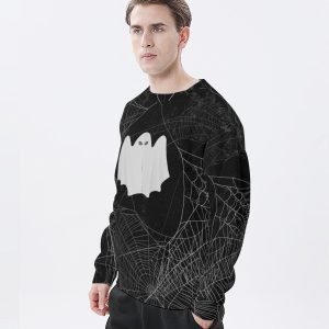 Black Spiderweb and Ghost Halloween T Shirt Streetwear Tee Crew Neck Polyester T Shirt Lightweight Hoodie with Long Sleeves- ZLH6K4 6 4