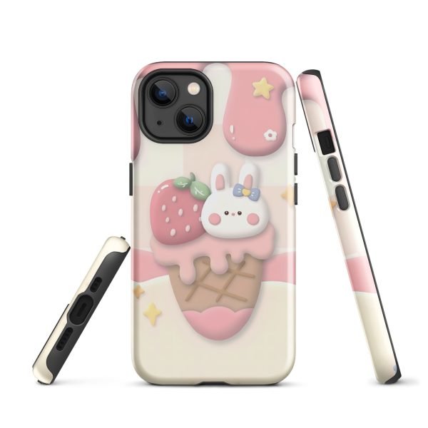 Cute Rabbit and Strawberry Ice Cream Tough Case for iPhone X XR XS SE 7 8 11 12 13 14 15 Pro Mini Plus Pro Max- tough case for iphone glossy iphone 13 front 6555c105eade2.jpg