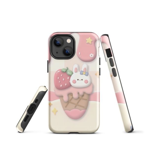Cute Rabbit and Strawberry Ice Cream Tough Case for iPhone X XR XS SE 7 8 11 12 13 14 15 Pro Mini Plus Pro Max- tough case for iphone glossy iphone 13 mini front 6555c105eacd1.jpg