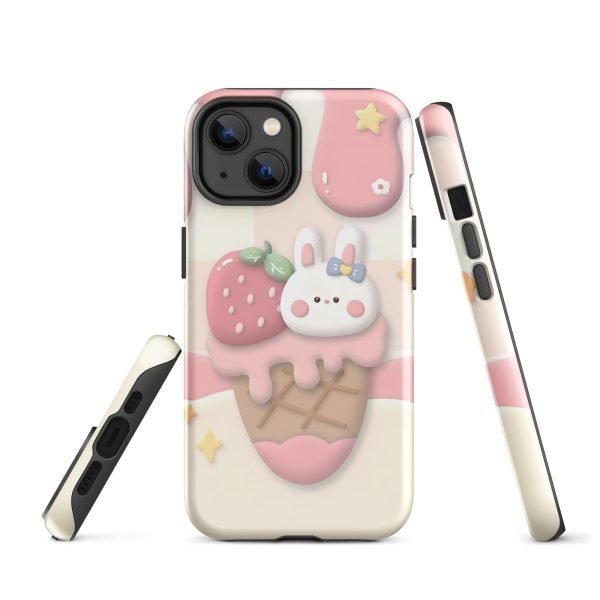 Cute Rabbit and Strawberry Ice Cream Tough Case for iPhone X XR XS SE 7 8 11 12 13 14 15 Pro Mini Plus Pro Max- tough case for iphone glossy iphone 14 front 6555c105eb067.jpg